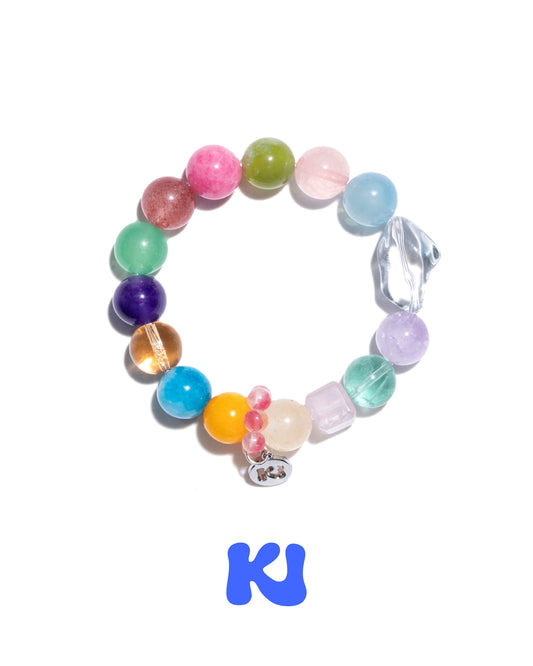 Multicolor crystal bead bracelet with K charm and dangling transparent crystal accent