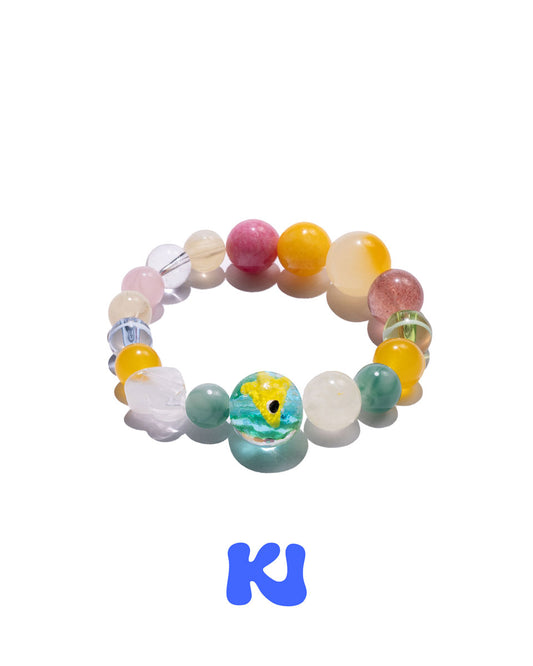 Colorful beaded crystal bracelet with multicolor round beads and fish-eye center