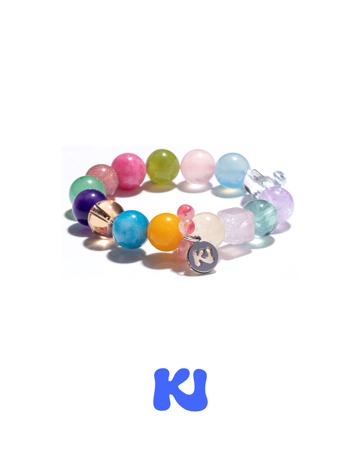 Multicolor crystal bead bracelet with gold-tone connector and K charm at center