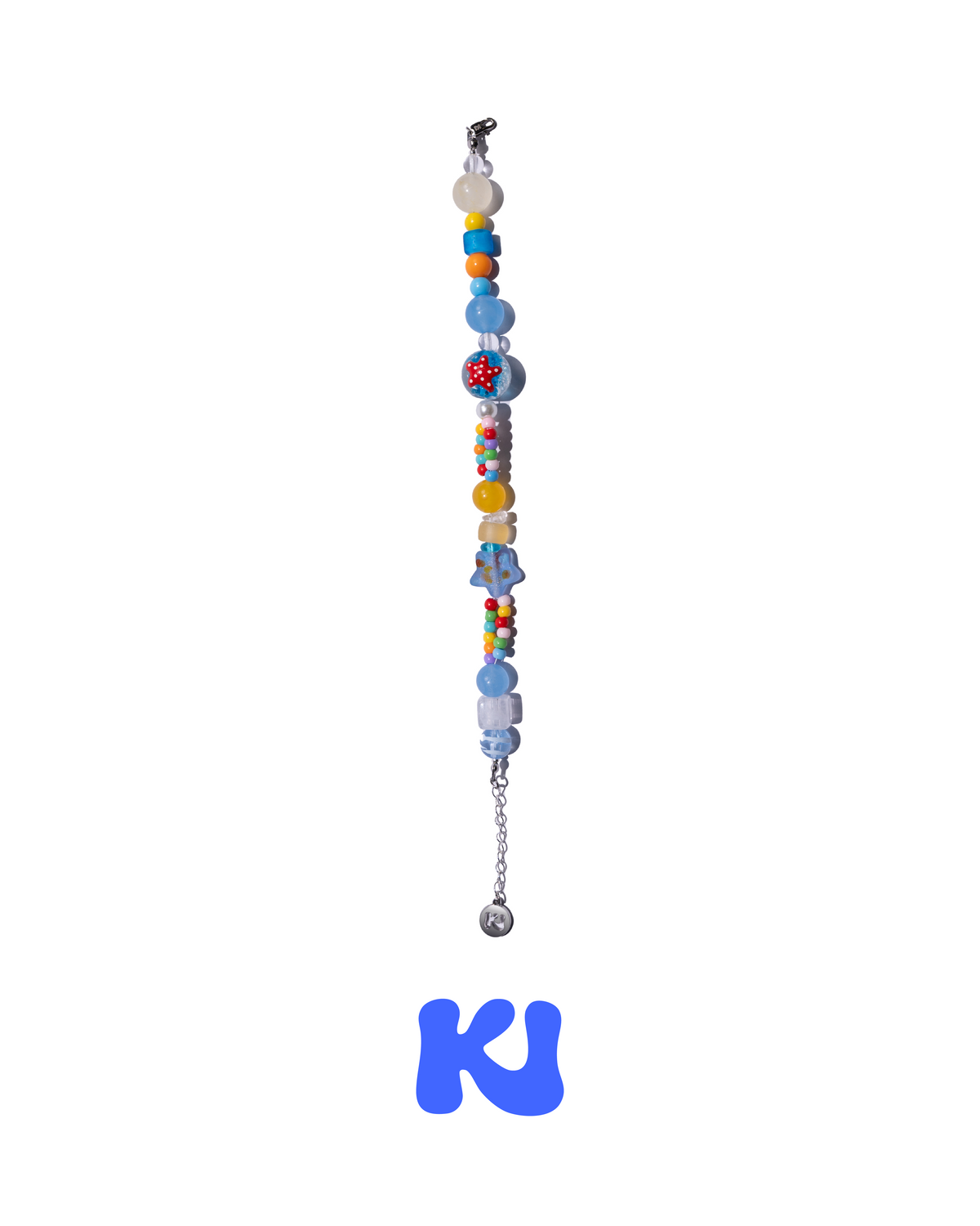 Starfish crystal beaded bracelet with blue and multicolor beads, silver chain and charm