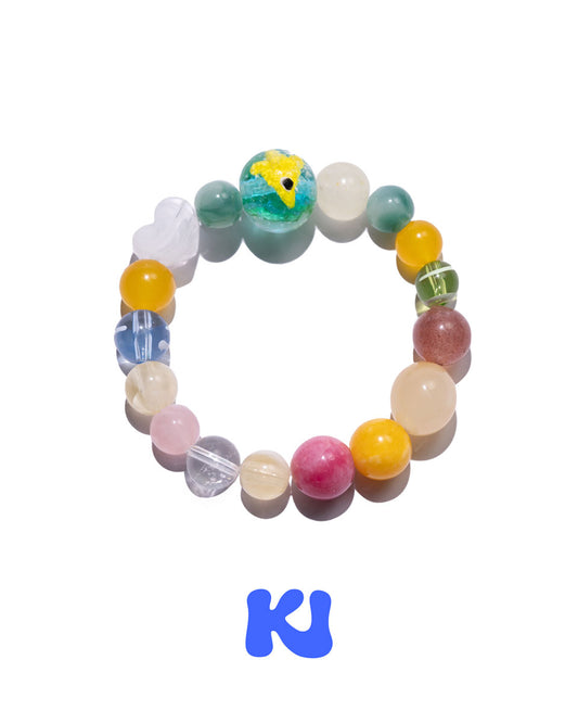 Colorful beaded crystal bracelet with circular yellow-blue fish-eye charm