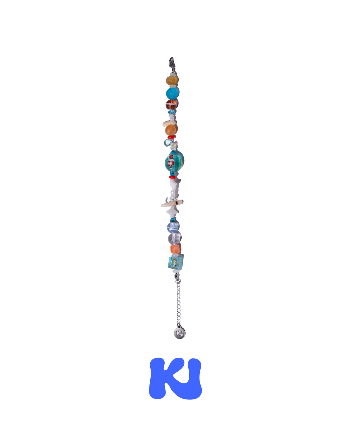 Crystal beaded bracelet with goldfish charm, multicolor beads, and silver chain tassel