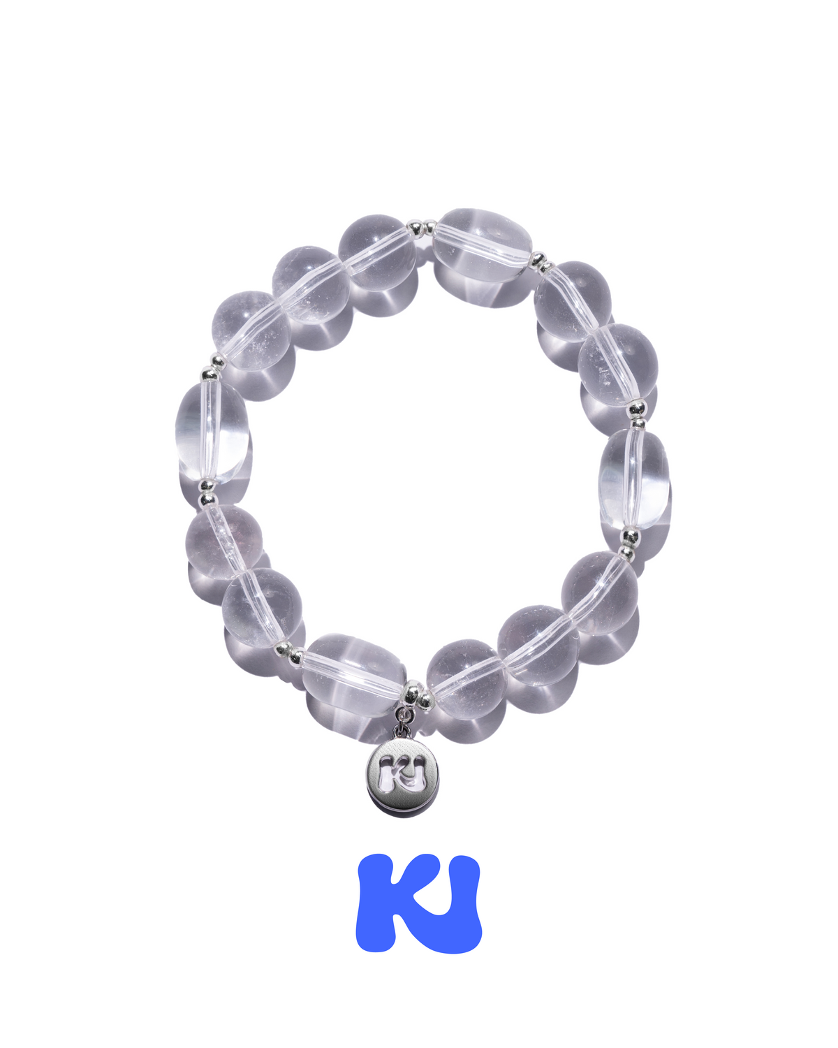 Clear beaded bracelet with silver-tone links and small round charm