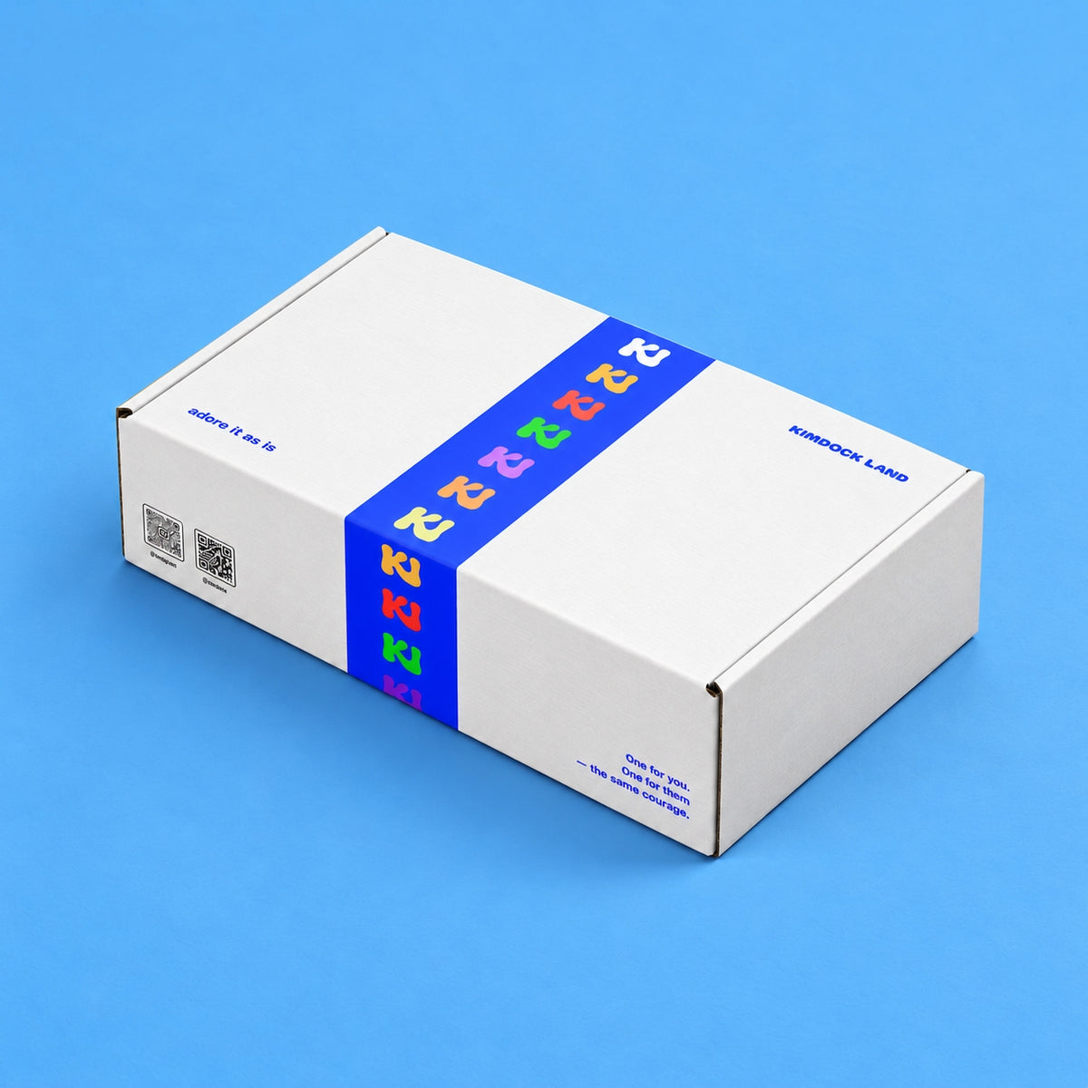 White gift box with colorful ribbon band and side label details