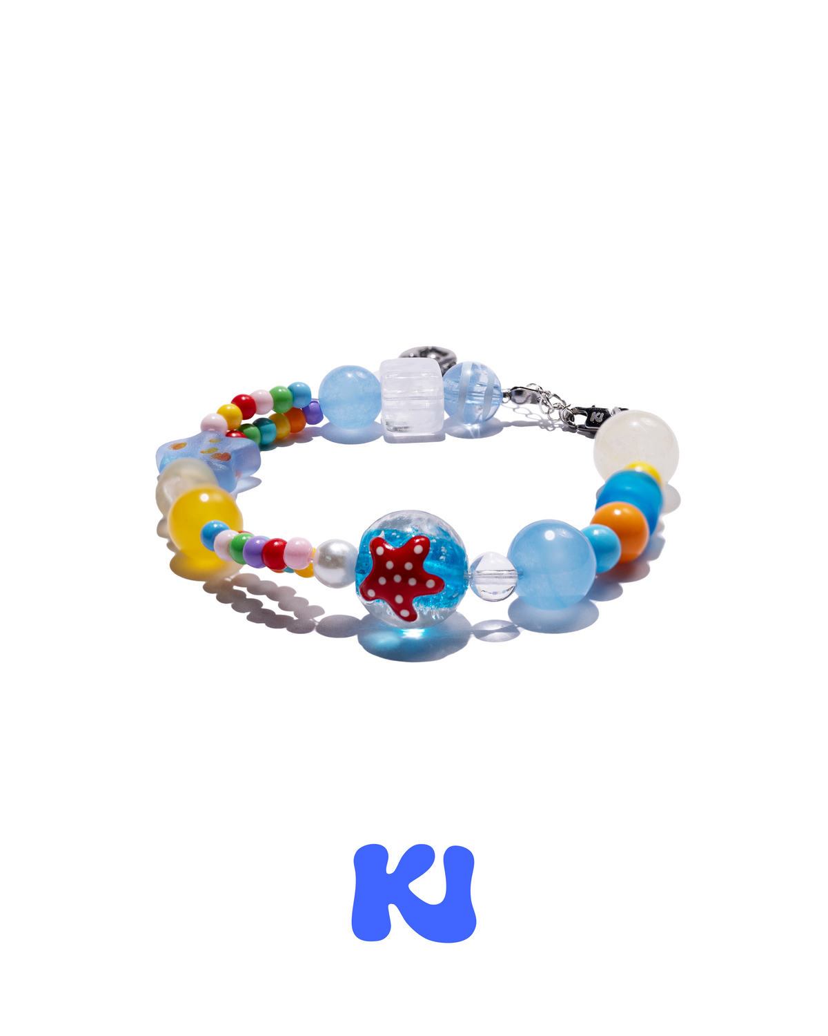 Starfish crystal beaded bracelet with blue round beads, multicolor accents, silver clasp and starfish