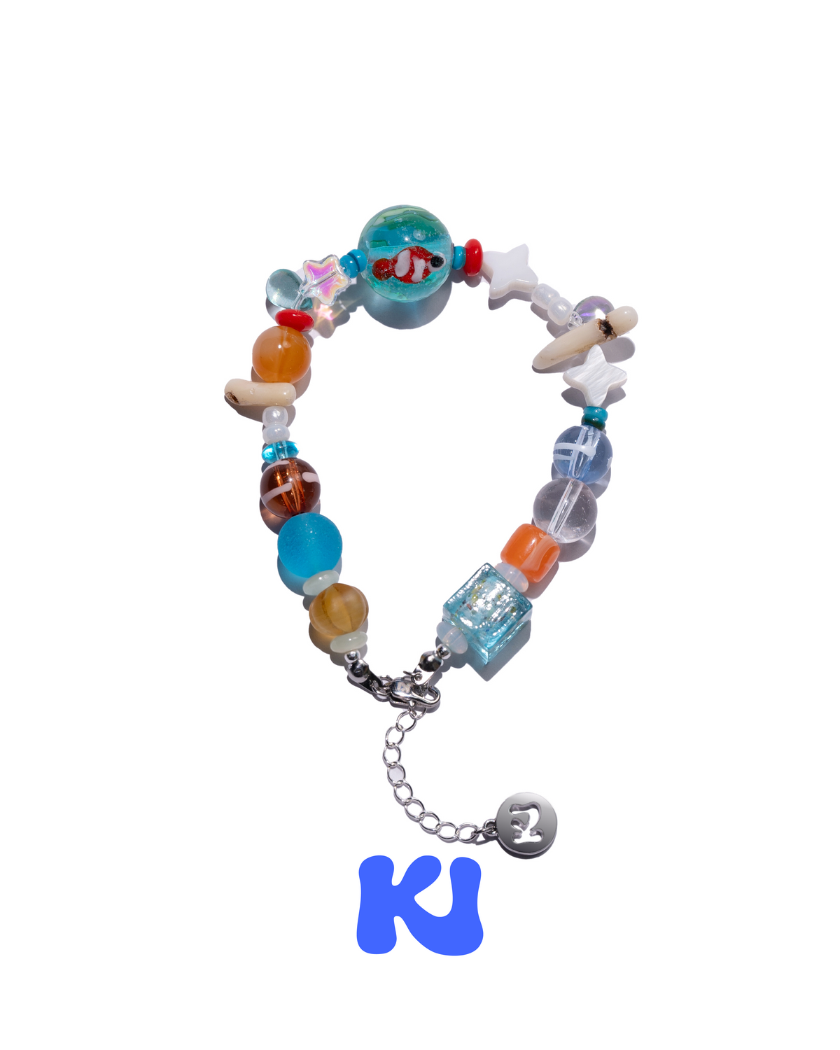 Crystal beaded bracelet with goldfish centerpiece, white beads, blue orange charms, chain