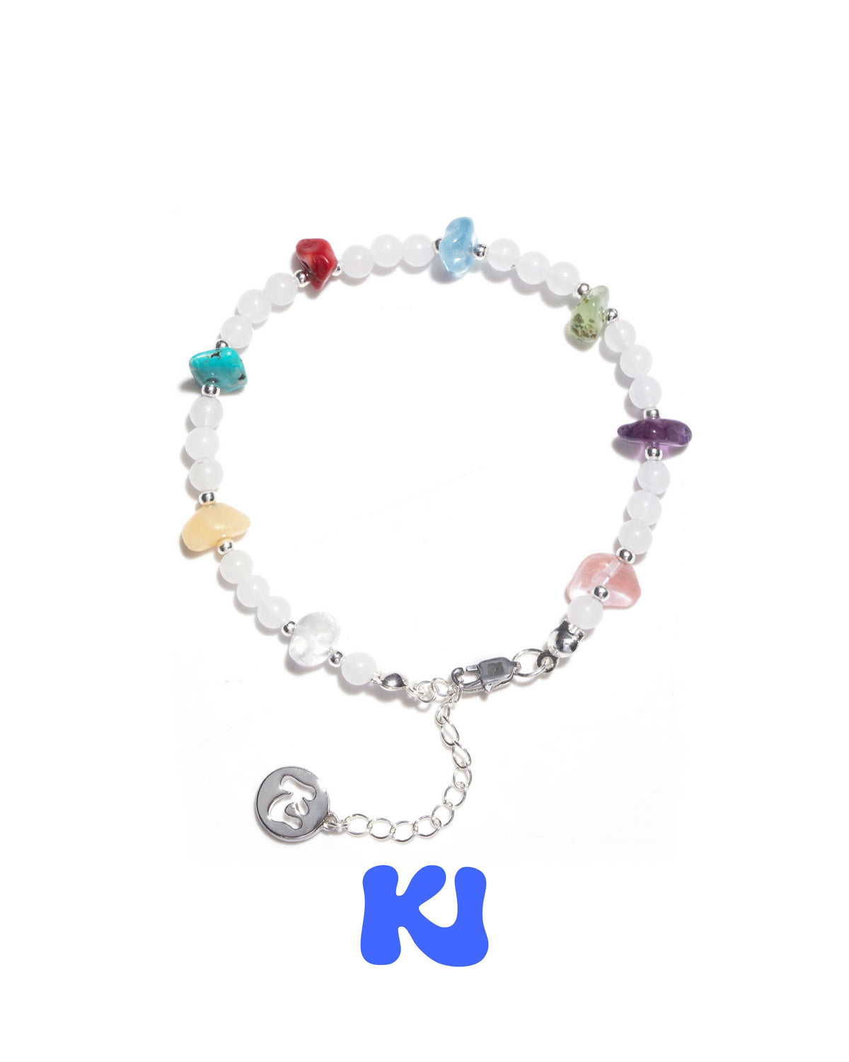 White beaded crystal bracelet with colorful charms and silver-tone chain clasp