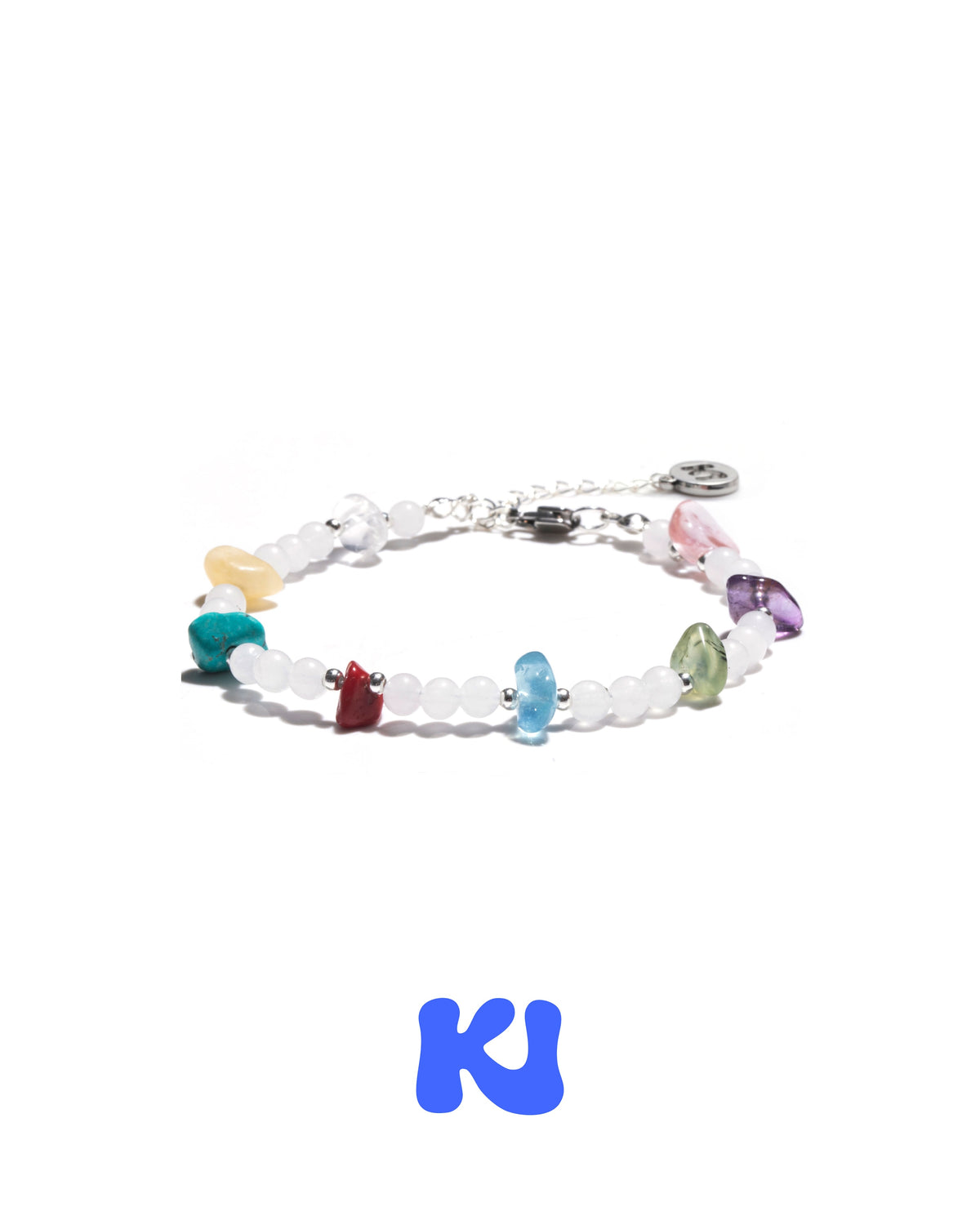 White crystal bead bracelet with multicolor charms, silver clasp, and extended chain
