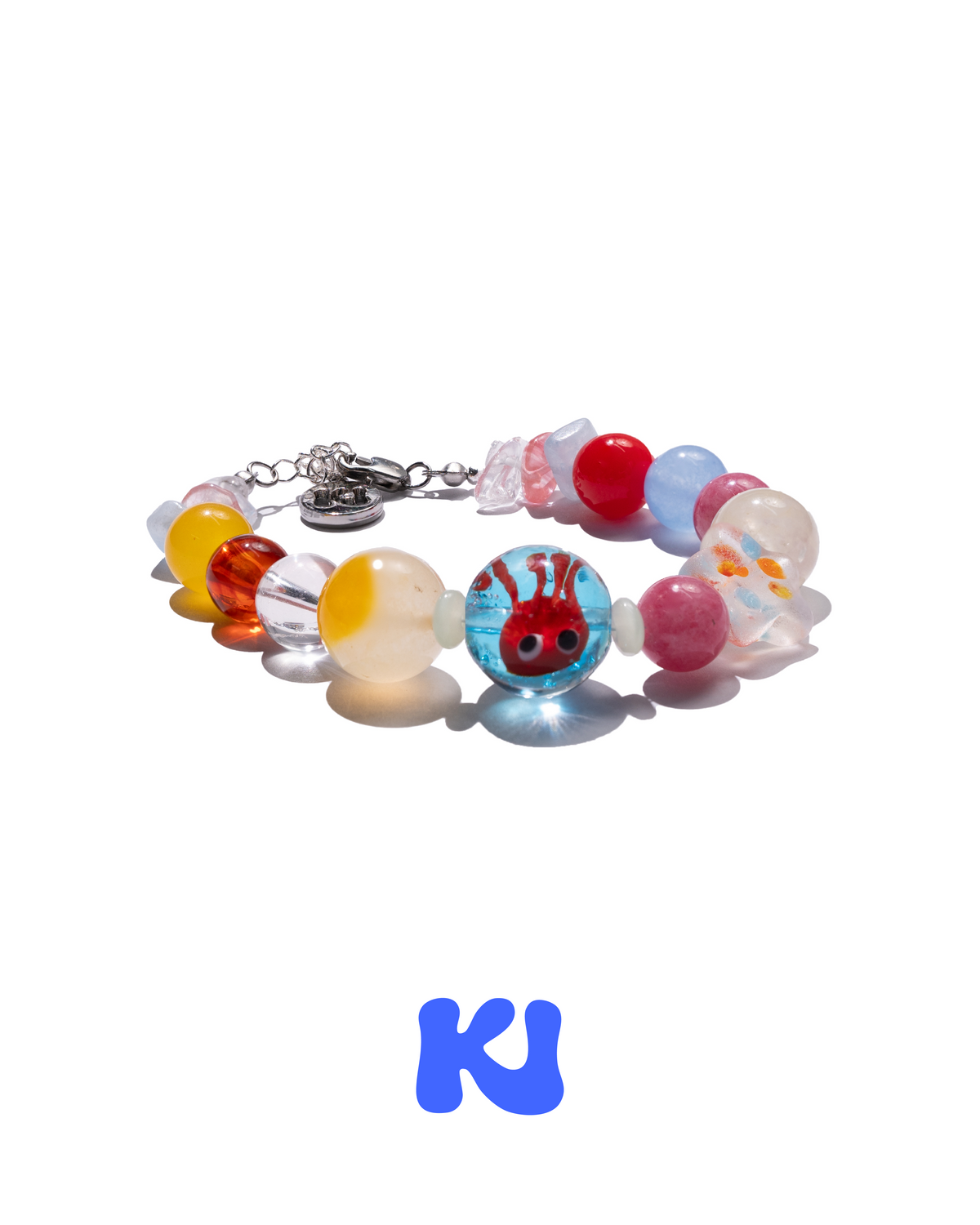 Octopus beaded bracelet with multicolor translucent beads and chain clasp detail