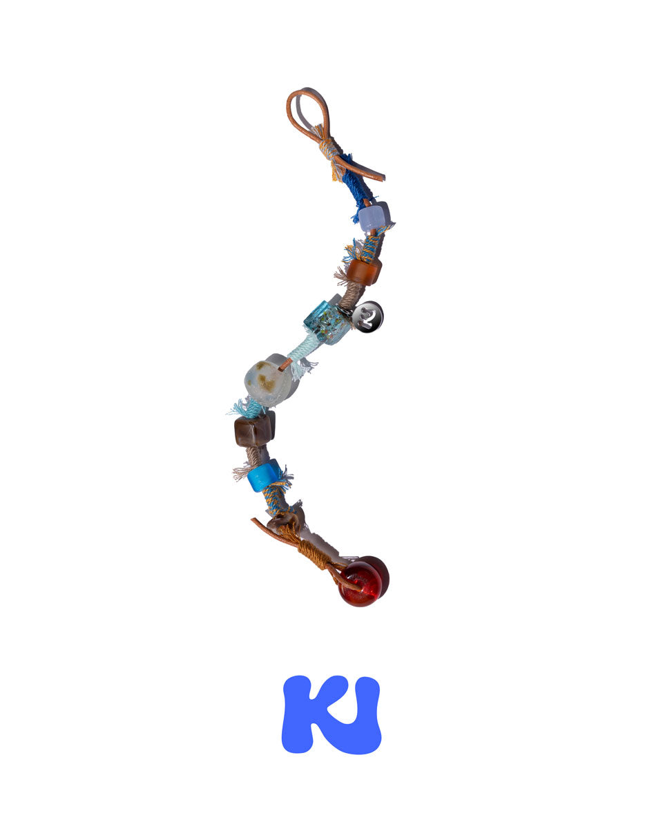 Charms bracelet on hook clasp with brown, blue, and clear round beads