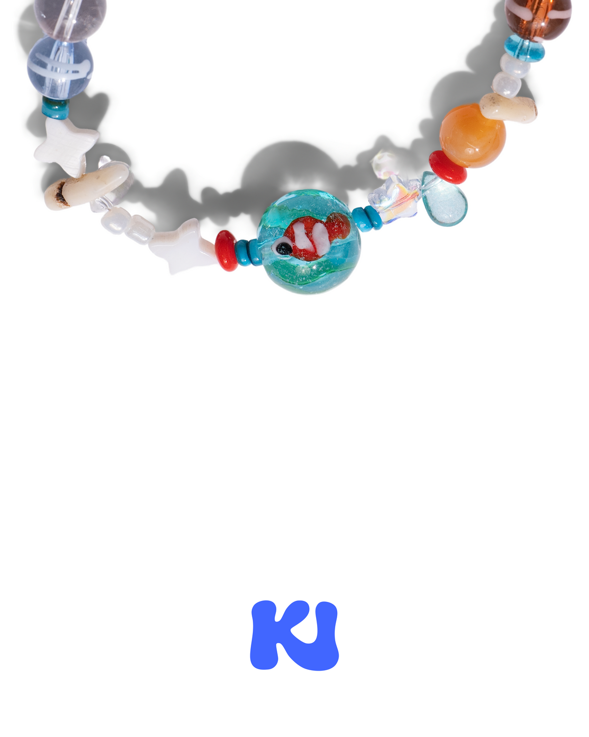 Crystal beaded bracelet featuring goldfish face charm with blue and orange glass beads
