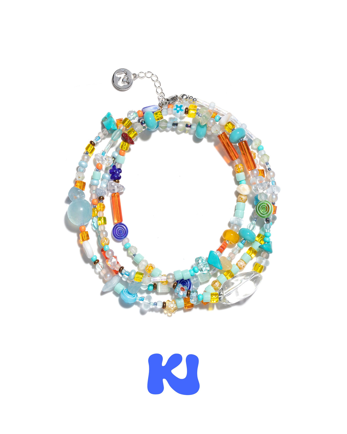 Multicolor beaded crystal necklace with turquoise, orange, and blue glass beads