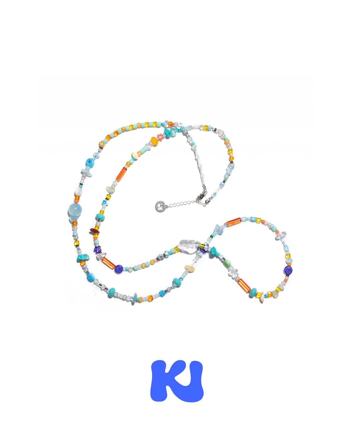Beaded crystal necklace laid flat with turquoise and orange beads, silver chain clasp